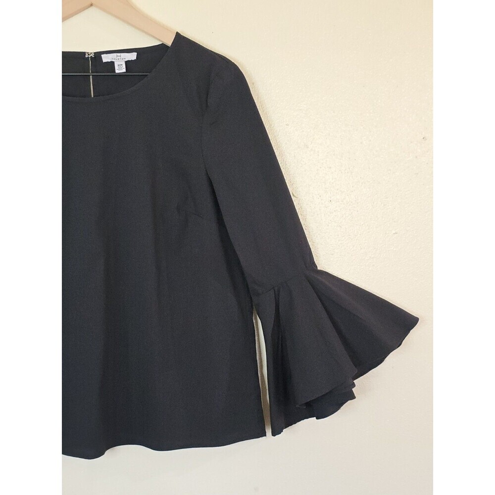 HALSTON Black Bell Sleeve Blouse Top Women Medium Flare Sleeve Stretch - Picture 3 of 8